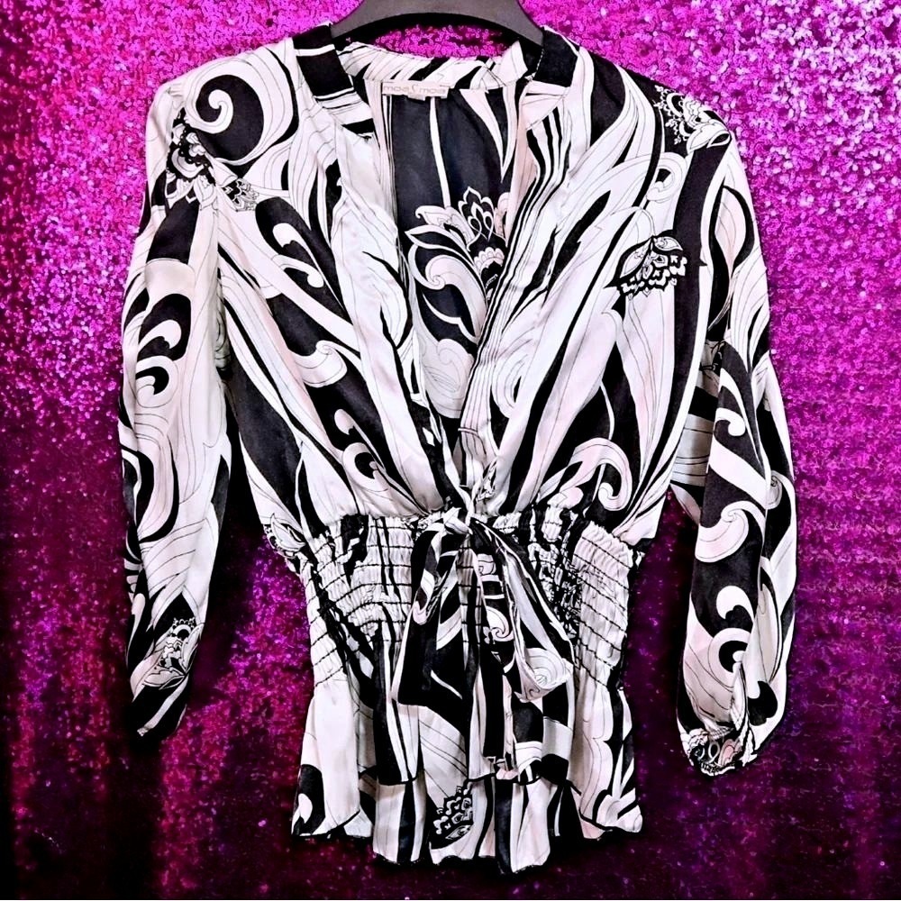 Black White Blouse XL Moa Moa Womens Smocked Waist Scroll Floral Print Satin Top
